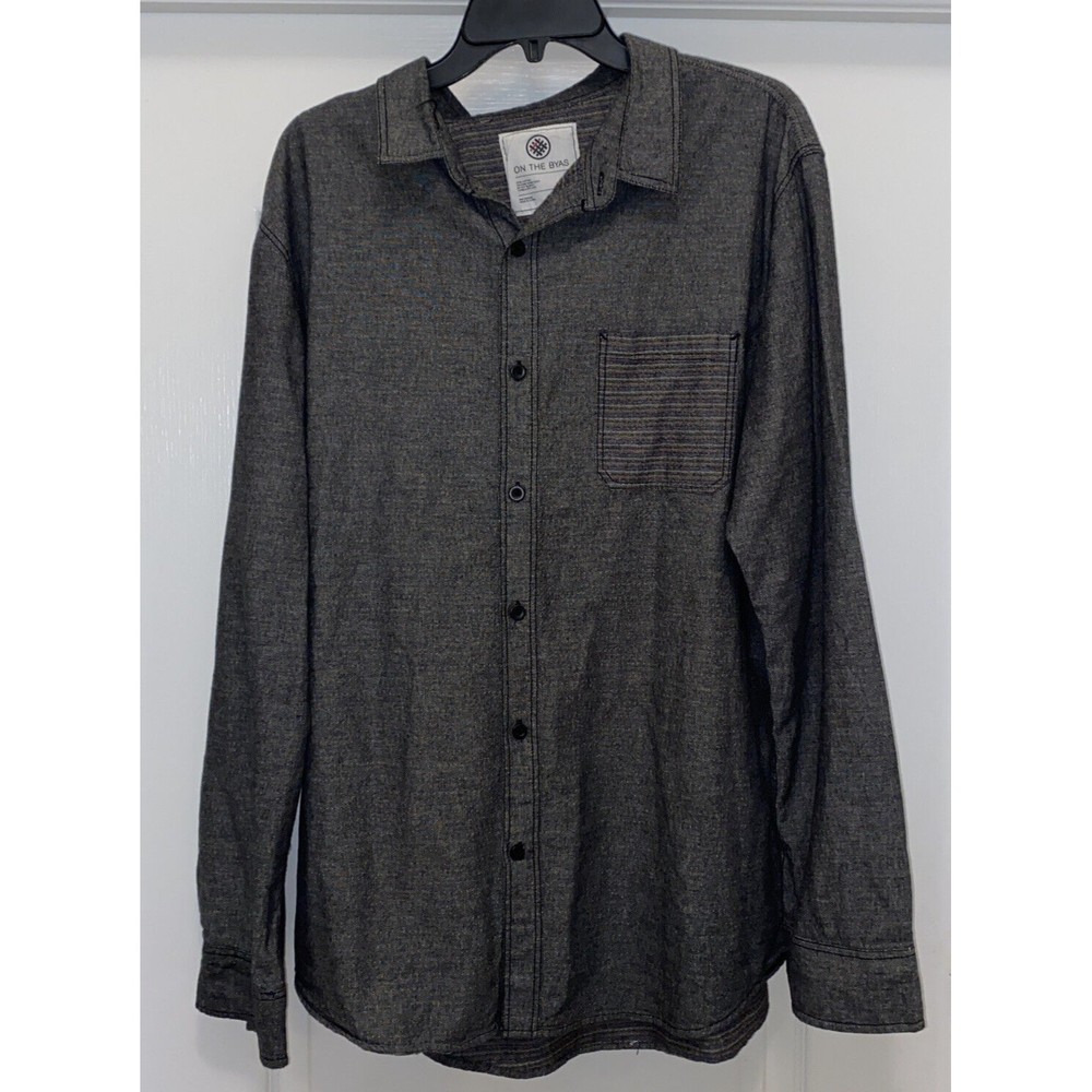 On The Byas Mens Long Sleeve Button Down Shirt grey accent offset striped pocket